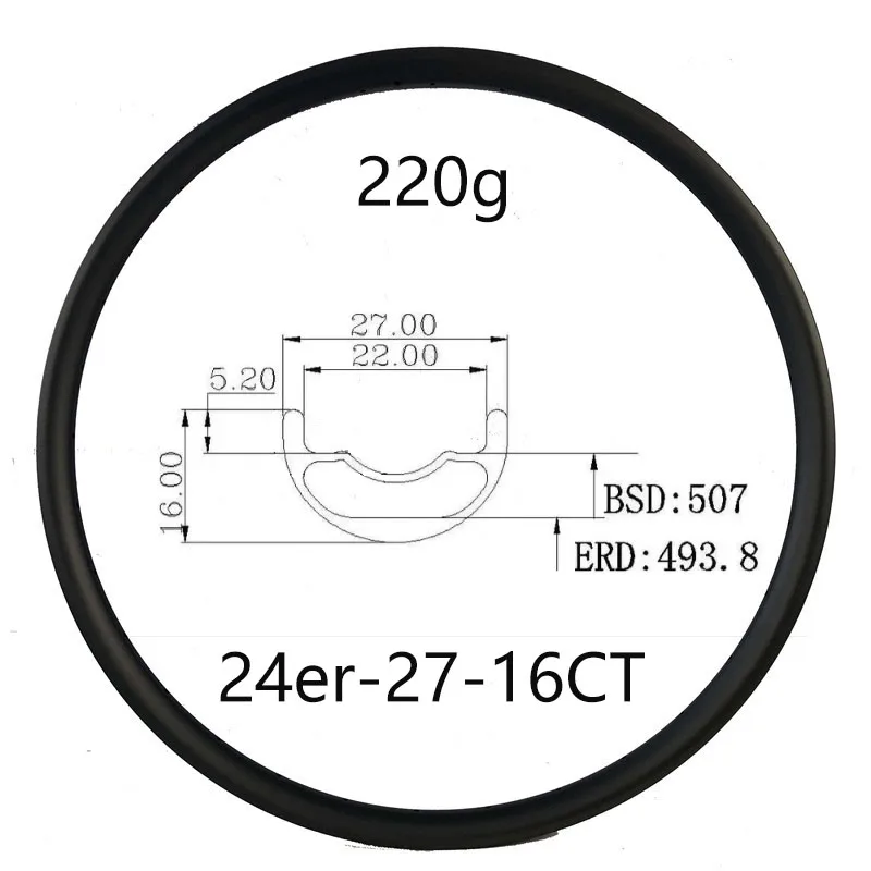 Carbon bike rims 24er mtb cycle wheel 27mm width 16mm depth clincher tubeless compatible mountain bicycle part light weight 220g