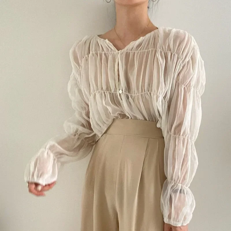 New Korean Fashion Loose Folds Perspective Chiffon Shirt women Pleated Casual Women\'s Blouse Summer Long Sleeve Tops 15624