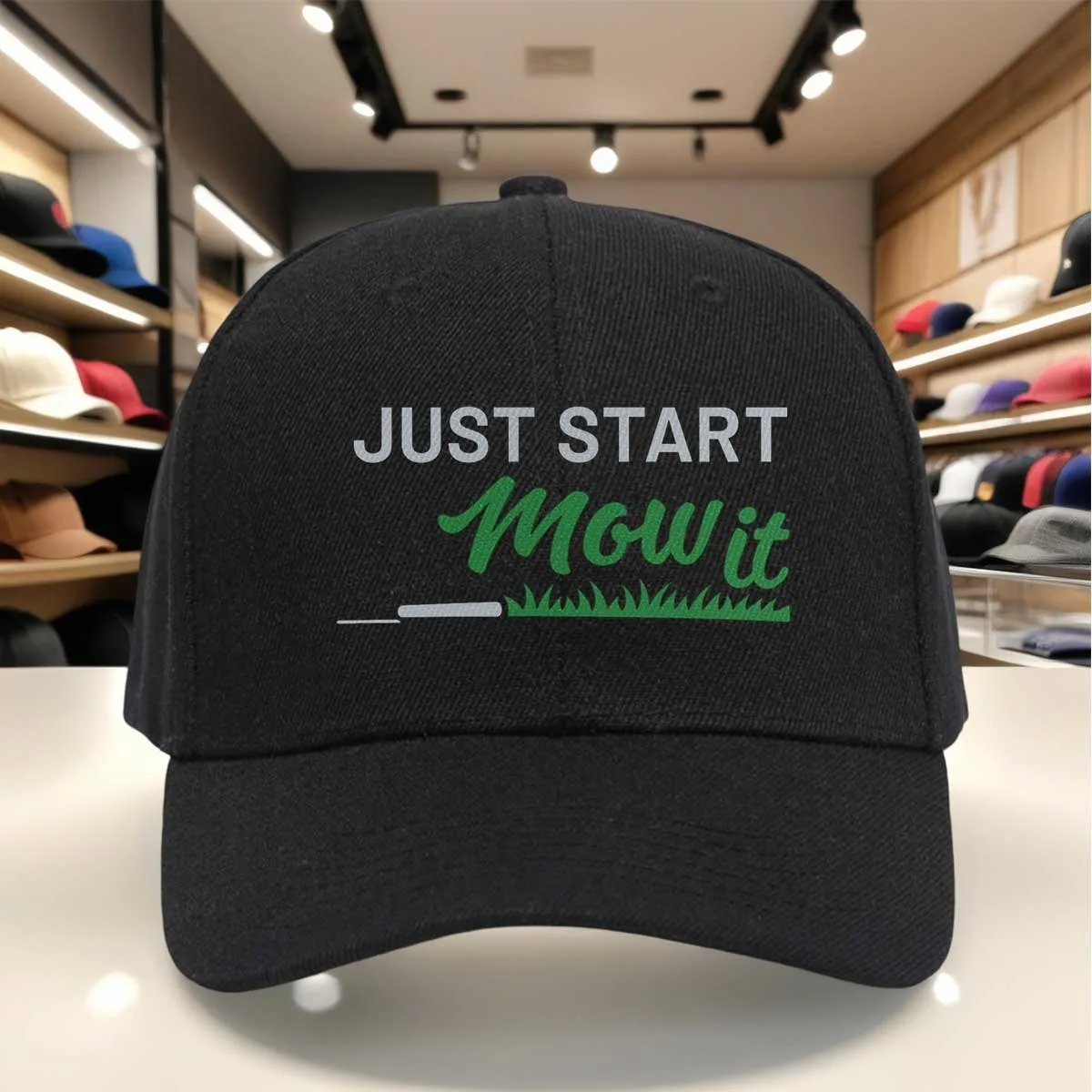 Just Start Mow It Baseball Cap, Green & Gray Yardwork Gardening Hat, Adjustable Strapback Cap