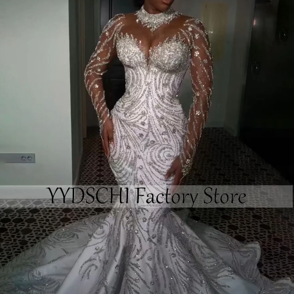 Suknie ślubne luksusowe na zamówienie w stylu afrykańskim 2025, suknie dla panny młodej, Vestidos De Novia, błyszczące suknie balowe typu syrena/trąbka z trenem