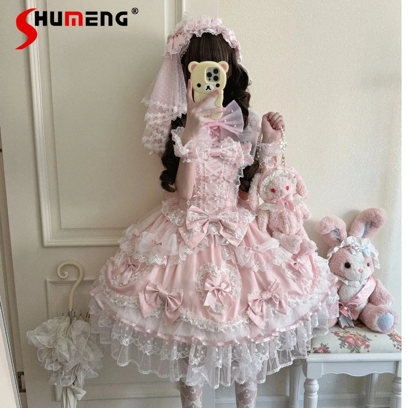 

Original Sweet Girls Lolita Pink Sling Dresses JSK Autumn Women Sweet Bow Lace Wedding Dress Y2k Birthday Party Princess Dress
