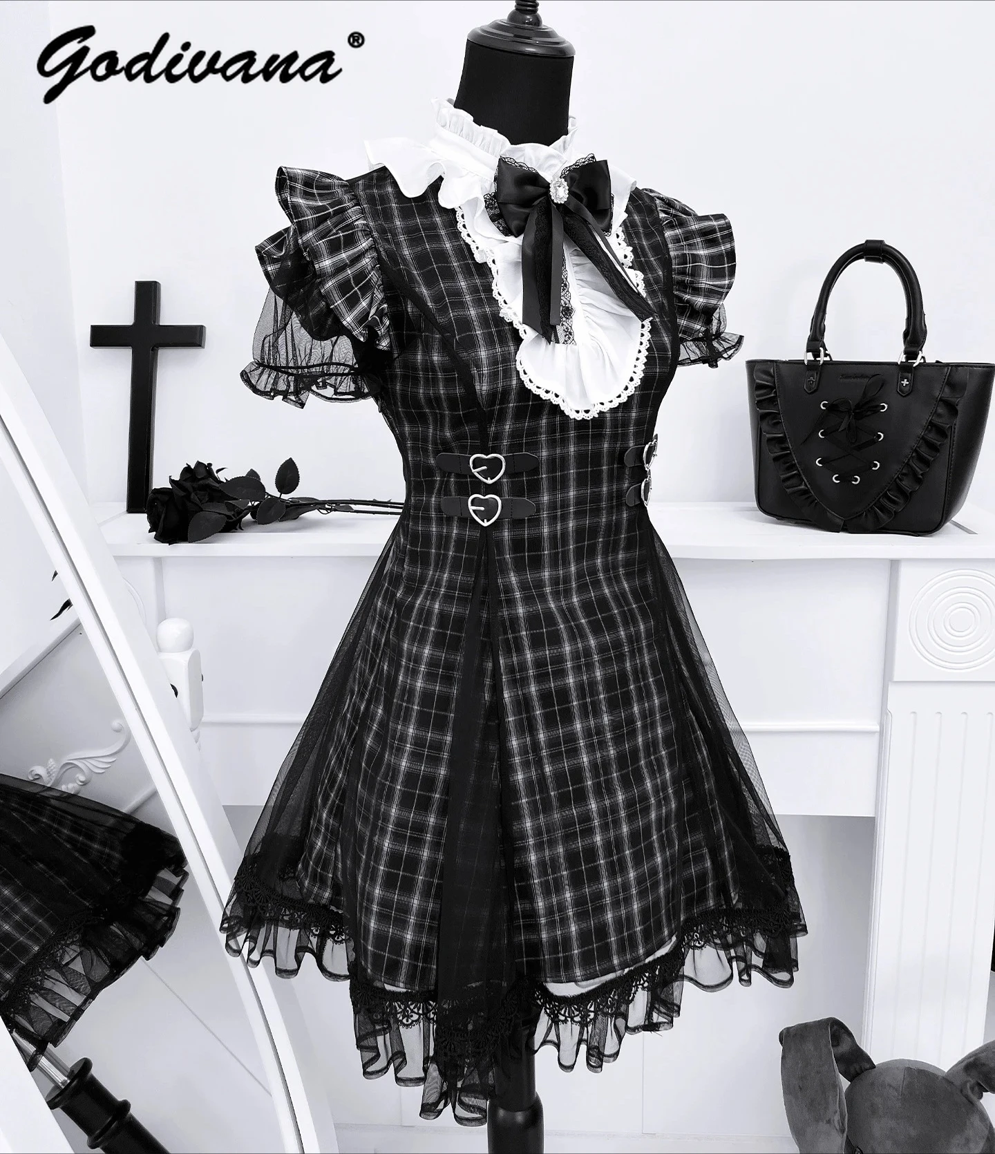 Original nueva subcultura niñas encaje empalmado manga corta ajustado vestido a cuadros mujeres lindo arco ajustado Jk vestidos cortos