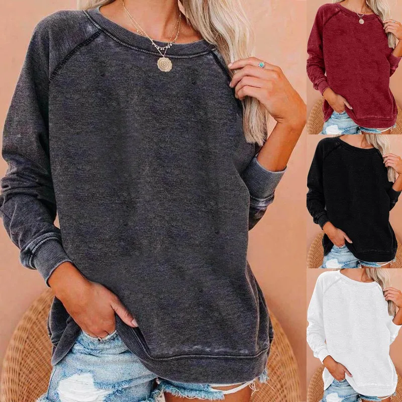 Women Autumn Winter Solid Color Raglan Sleeve Crew Neck Loose Casual Sweatshirt Tops