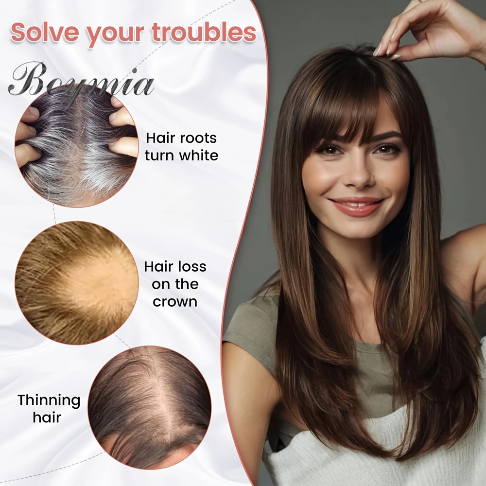 Clip-In Hair Topper with Bangs for Women | Straight Real Human Hair, 1.97x3.54inch, Adds Volume & Length, Covers Thinning & White Hair, Styling with Bangs