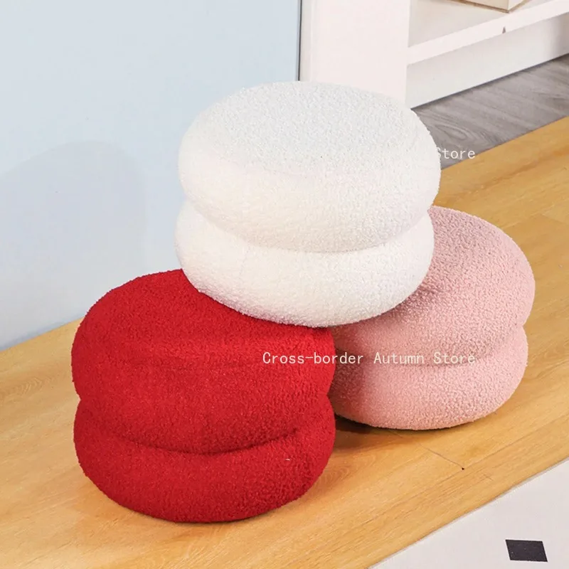 Foot Stool Ottoman With Padded Seat Double Round  Lamb Wool Shoe Changing  For Home Living Room  Stool
