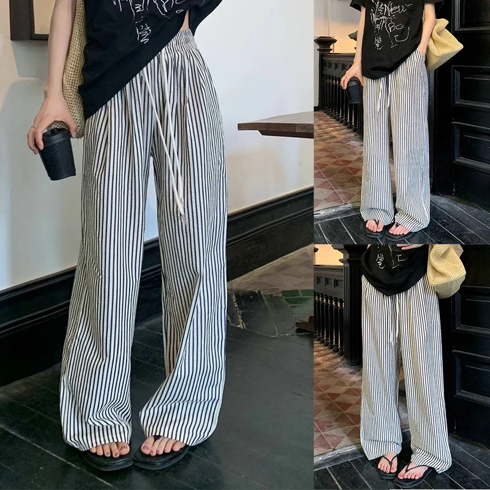 Drawstring Black White Vertical Striped Casual Pants Women Spring Summer New Korean Loose Drape Long Pants Wide Leg Pants