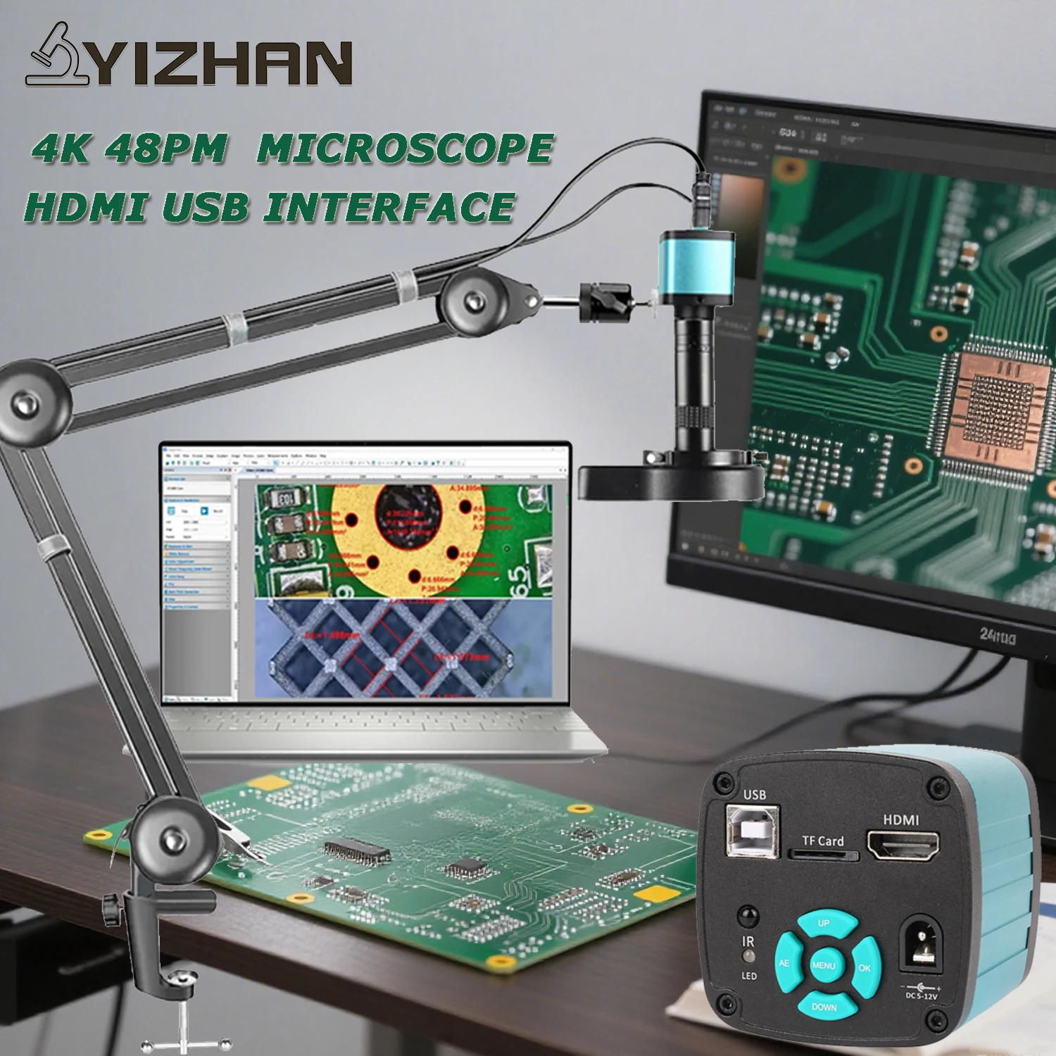 YIZHAN 48MP 4K Digital Electronic Microscope For Soldering HD 1080P HDMI Camera USB Software 1-150x Lens Upgrade Articulated Arm