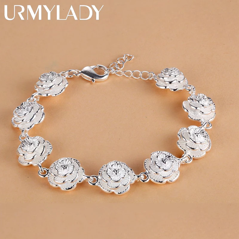 Charm 925 Sterling Silver Rose Flower Chain Bracelet For Women Fashion Pretty Party wedding accessories gift fine luxury Jewelry