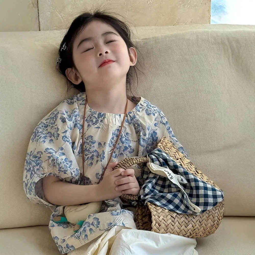 

Girls Shirts 2025 Summer New Childrens Wear Korean Style Baby Girl Fashion Blue and White Porcelain Shirt Casual Simple Daily