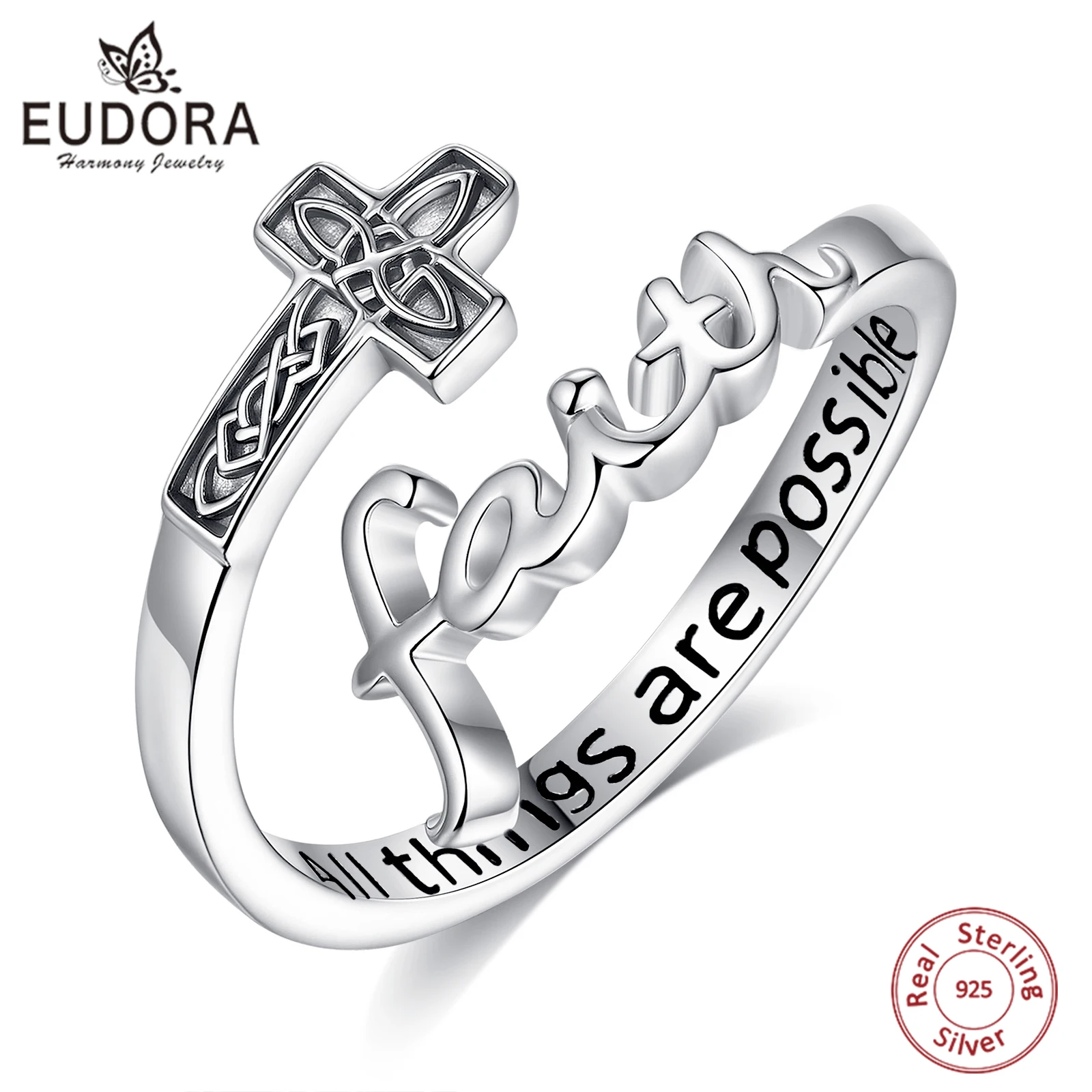 Eudora 925 Sterling Silver Celtic Knot Cross Adjustable Ring Vintage Faith Open Ring Religious Jewelry Gift for Women Men