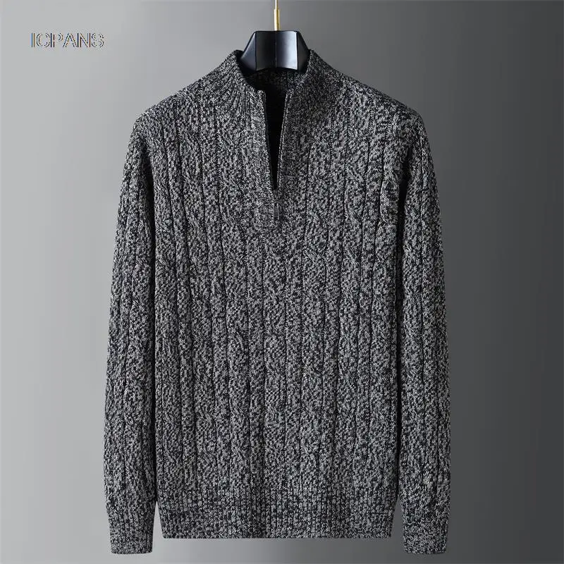 Half Zipper Turtleneck Sweater Knitted Jumper Men High Neck Black Khaki Knitted Pullover Korea Clothing Vintage Sweater Men 2022