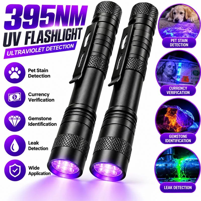 Mini UV Flashlight 395nm Blacklight Pen Light with Pocket Clip Aluminum Alloy Ultraviolet LED Torch for Pet Stain Scorpion Finde