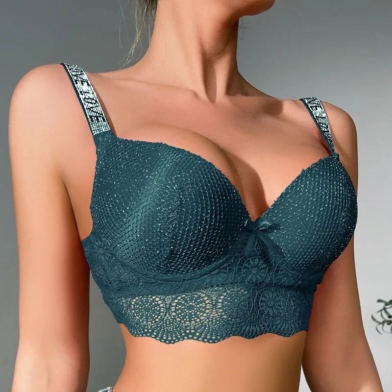 

Beauwear Elegant Rhinestone Straps Scallop Trim Bra for women Contrast Lace Push Up Bras 80B 85B 90B 95B-137