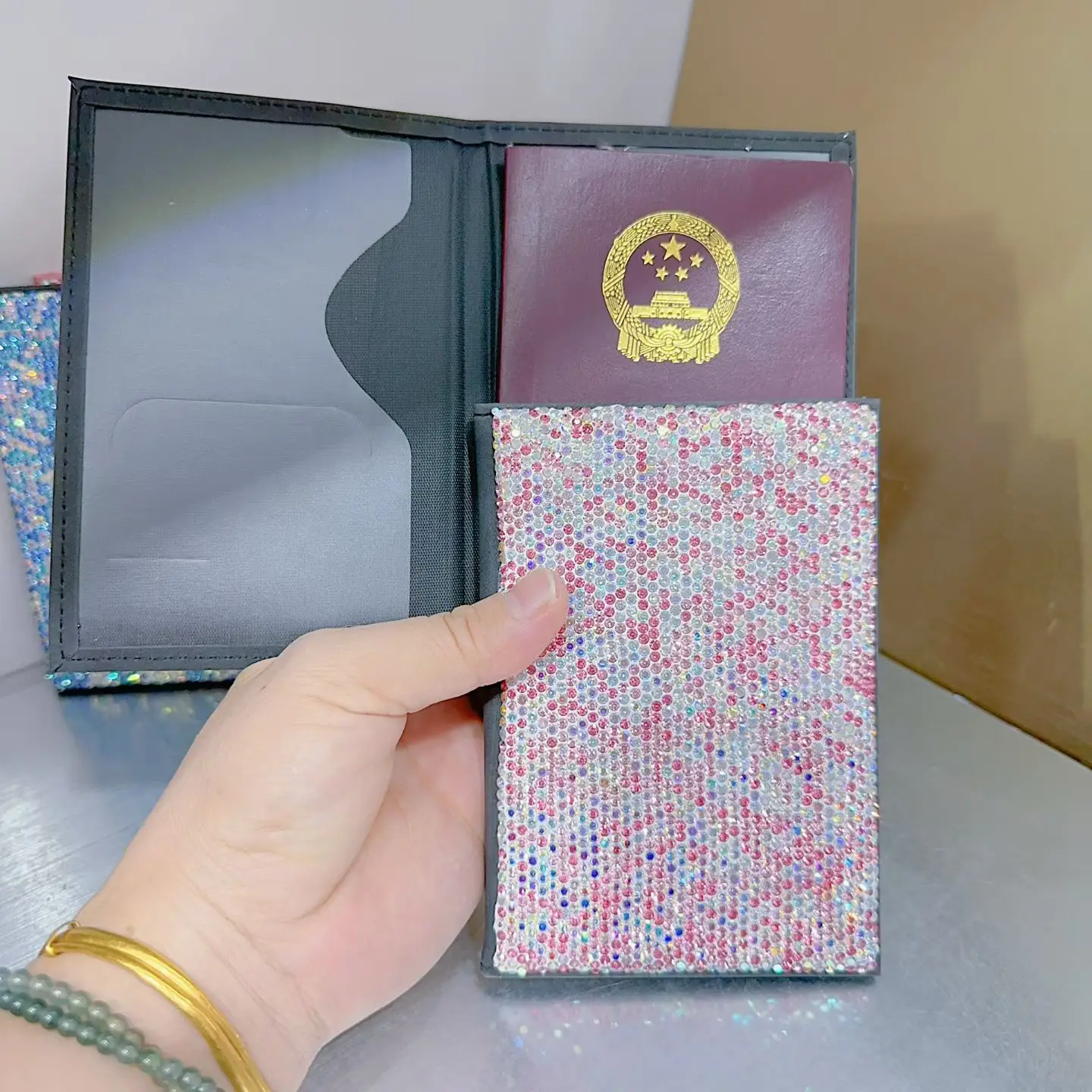 Bling Rhinestone Leather Passport Holder Covers Case Travel Passport Protective Holder Single Passport Book Document Holder