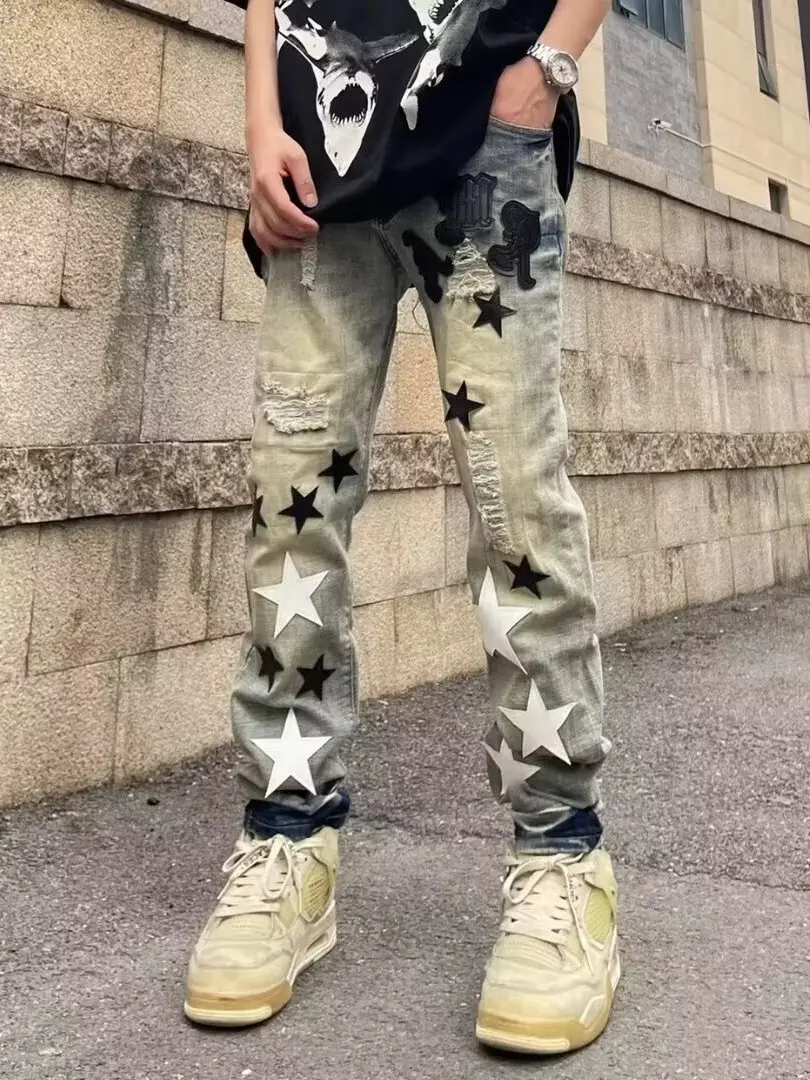 

Retro High Street Star Patch Leather Patch Jeans Men's Slim Fit Casual Straight Leg Long Pants Fashionable Urban Style