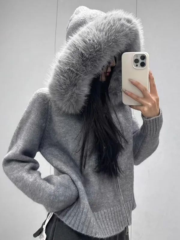 Chic Autumn Winter Loose Casual Versatile Long Sleeve Large Fur Collar Hooded Knitted Sweater Coat Women's Fashion Outerwear