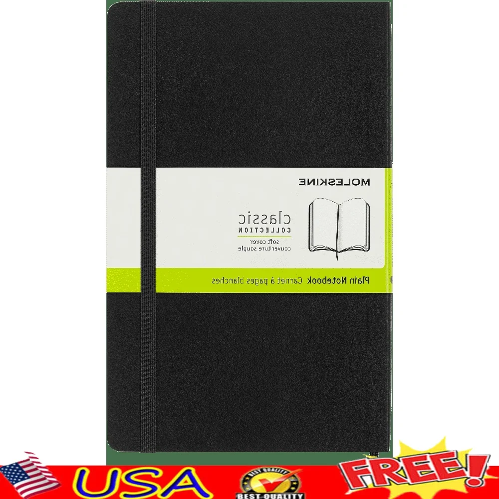 

Classic Soft Cover Notebook Large Plain Black 5x8 Notebook Acid-Free Paper Rounded Corners Elastic Closure Bookmark Ideal Note