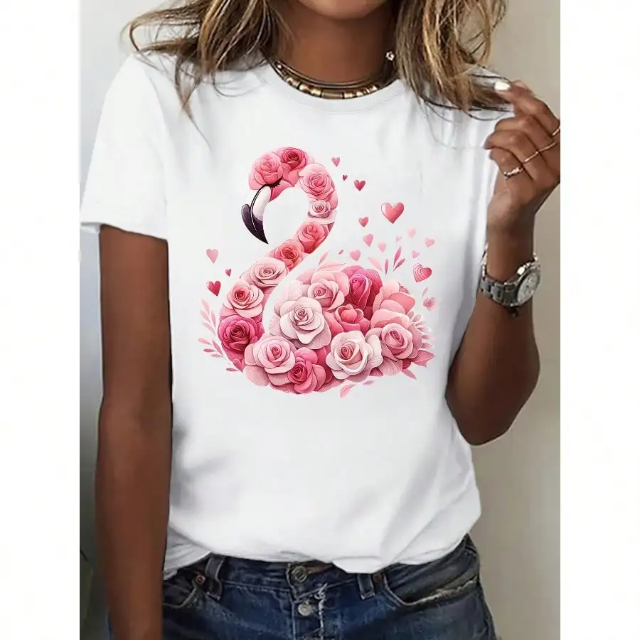 

Chic Flamingo & Rose Graphic Women'S T-Shirt - 100%, Soft & Breathable, Perfect for Spring/ Summer/ Fall