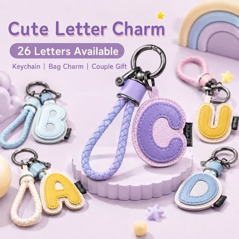 Cute Alphabet Keychain 26 Letters PU Leather Initial Bag Charm Braided Wrist Strap Metal Keyring Purse Pendant Couple Gift