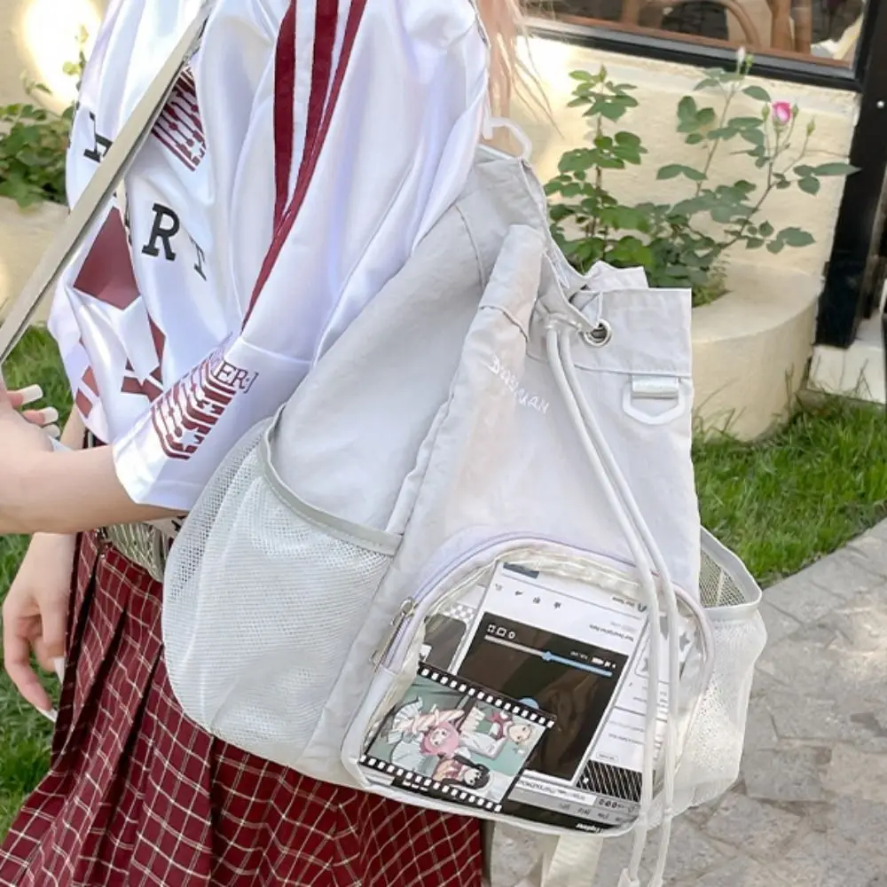 ファッション透明ナイロン巾着バックパック軽量バッジディスプレイカジュアル Ita バックパック原宿甘い Y2k 通学女の子