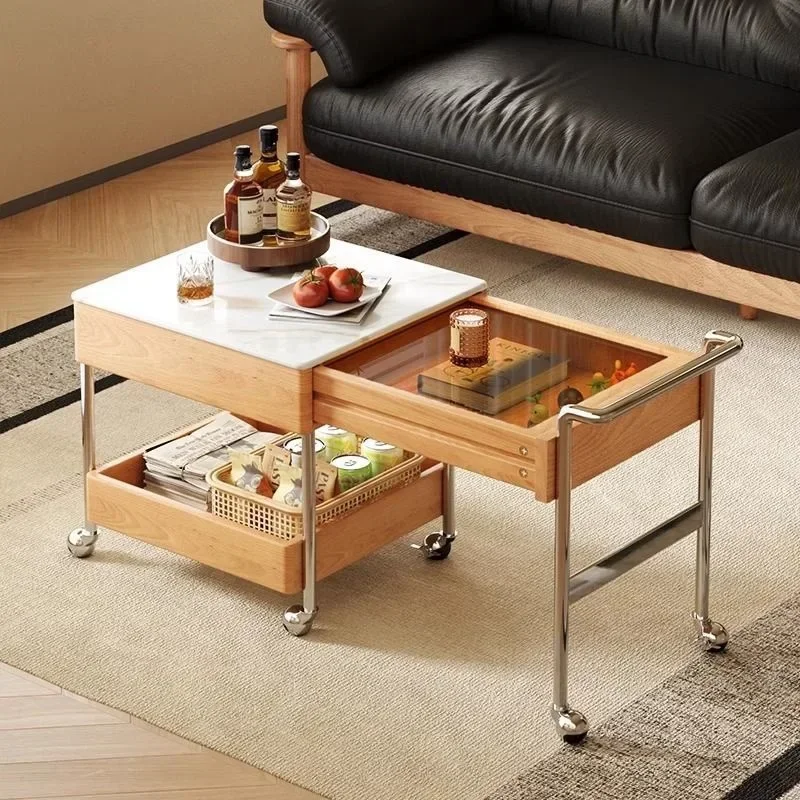Home living room with wheels movable simple solid wood coffee table foldable multi-layer rock slab edge table