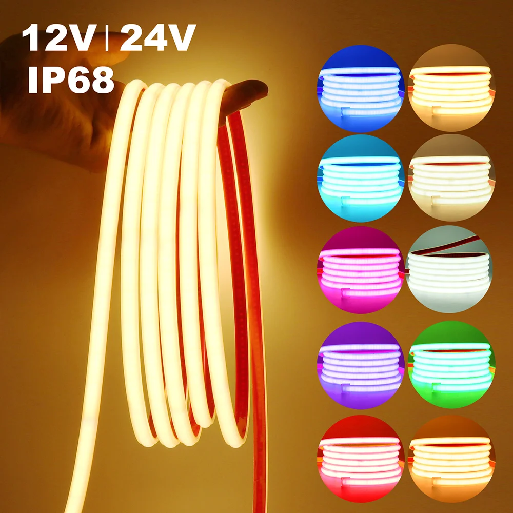 

12V 24V COB Led Neon Strip Light Tape Waterproof IP68 320 LEDs Flexible Milk Tube Liner Lighting 10 Colors 0.5m 1m 2m 3m 4m 5m