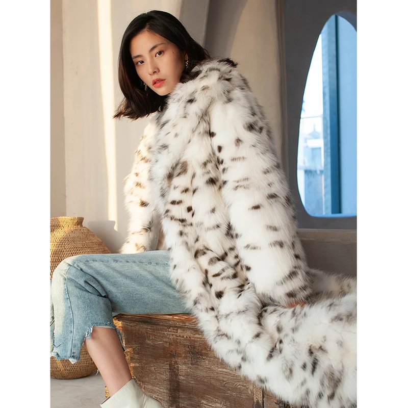 Mantel bulu wanita, mantel Windbreaker kulit hangat musim dingin ukuran besar, setelan Panjang motif macan tutul titik hitam, mantel bulu rubah imitasi