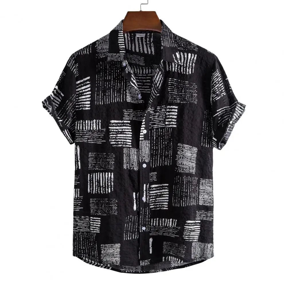 Short Sleeve Men Shirt Turn-down Collar Print Loose Summer Shirt Streerwear Cardigan Buttons Closure Thin Casual Beach Shirt