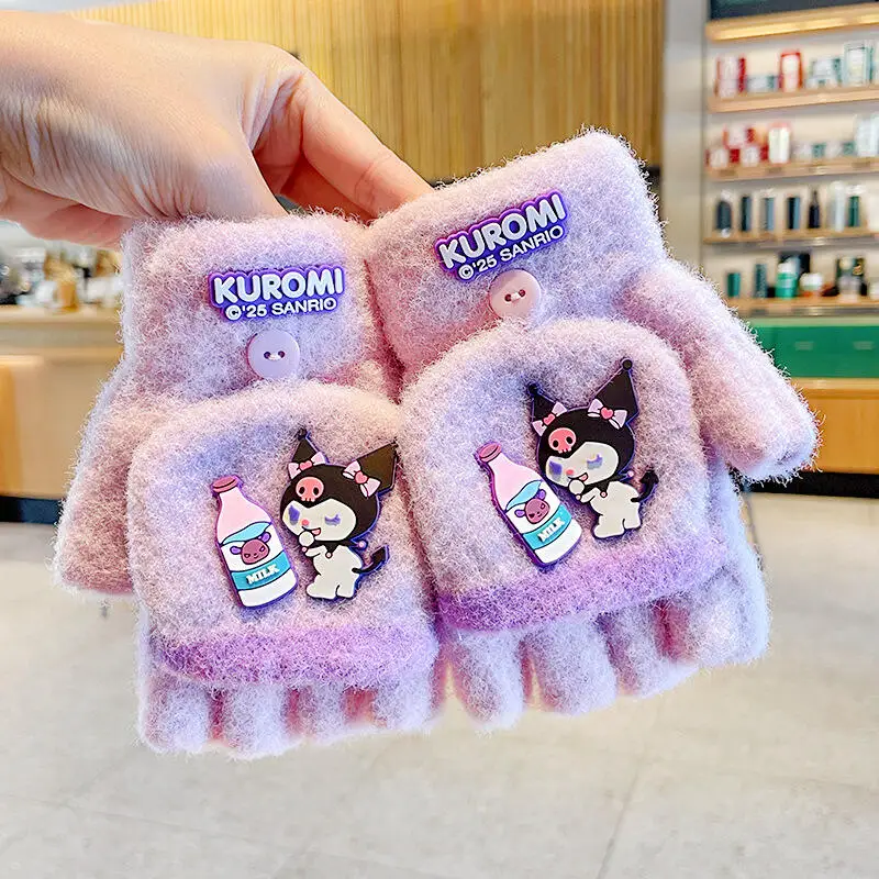 

Sanrio Kuromi детские теплые перчатки Kawaii мультфильм зимние теплые детские перчатки уличные морозостойкие вязаные варежки с полупальцами