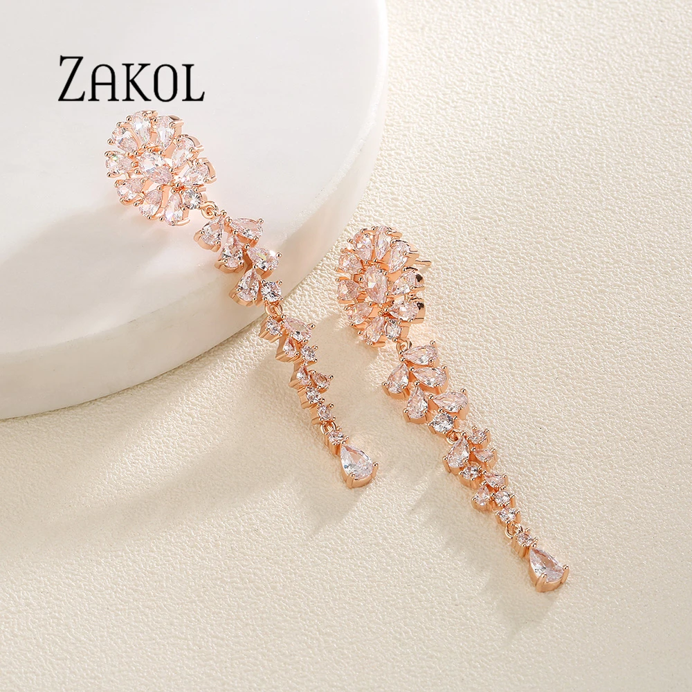 ZAKOL Flower Zircon Pendant Earrings For Women Fashion New Long Crystal Tassel Drop Earrings Wedding Dress Jewelry Gifts