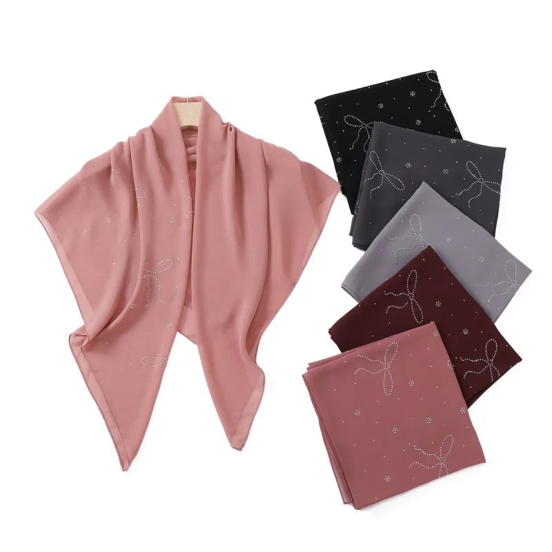 

Simple Solid Color Bow Rhinestone Pearl Chiffon Square Scarf Breathable Headcloth Scarf Outer Shawl Scarf90CM