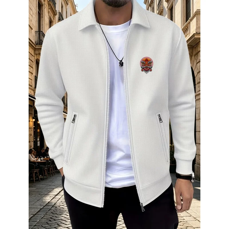 Men Milano Italy Business Casual Jacket Lapel Full Zip Coat Textured Waffle Fabric Zipper Pockets Long Sleeve Commute Outerwear
