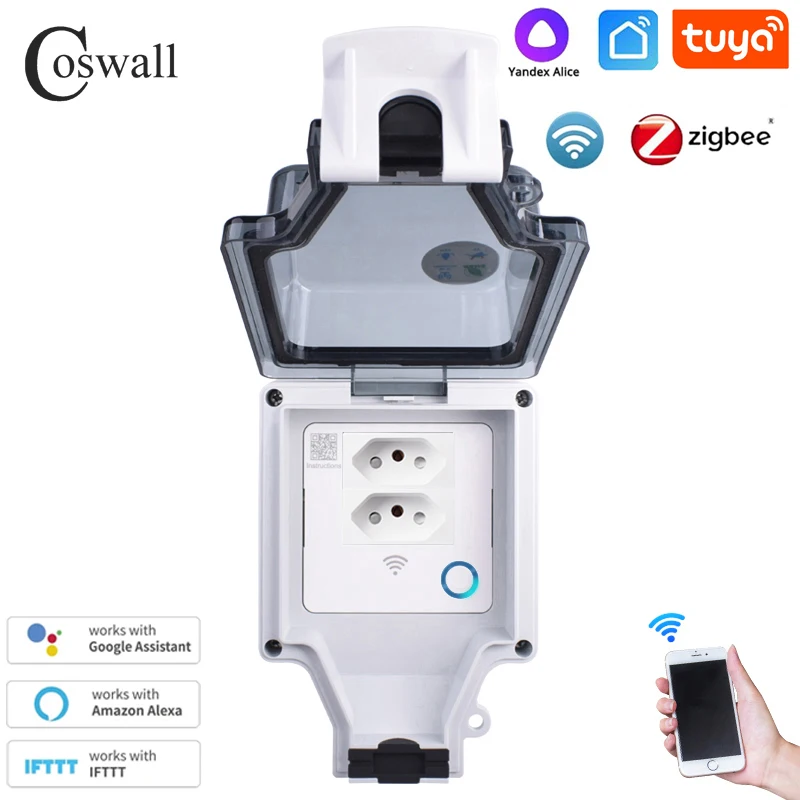 Coswall Tuya Wifi Voice Control IP66 Waterproof 20A Brazil Brasil Socket Timer Switch Programmable Work With Alexa Google Home