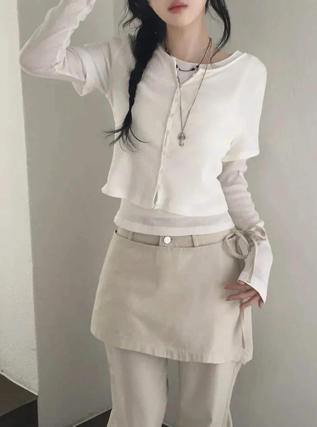 Slimming Effect Korean Style Long Sleeve T-Shirt Set Casual round Neck Patchwork Button up Top And Bottom Ensemble for Women