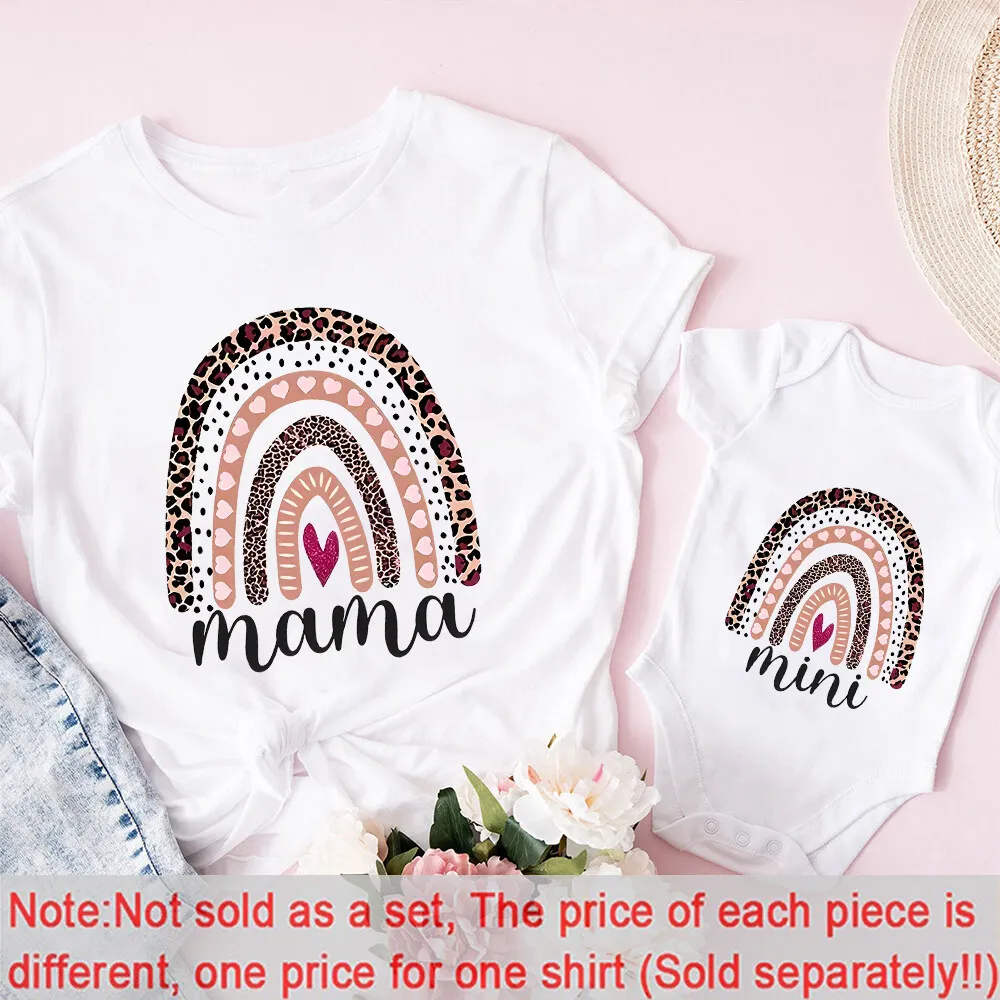 Rainbow Fun Letter Printed Romper and T-Shirt Mommy & Daughter Matching Clothes Mother's Day Casual Family Top