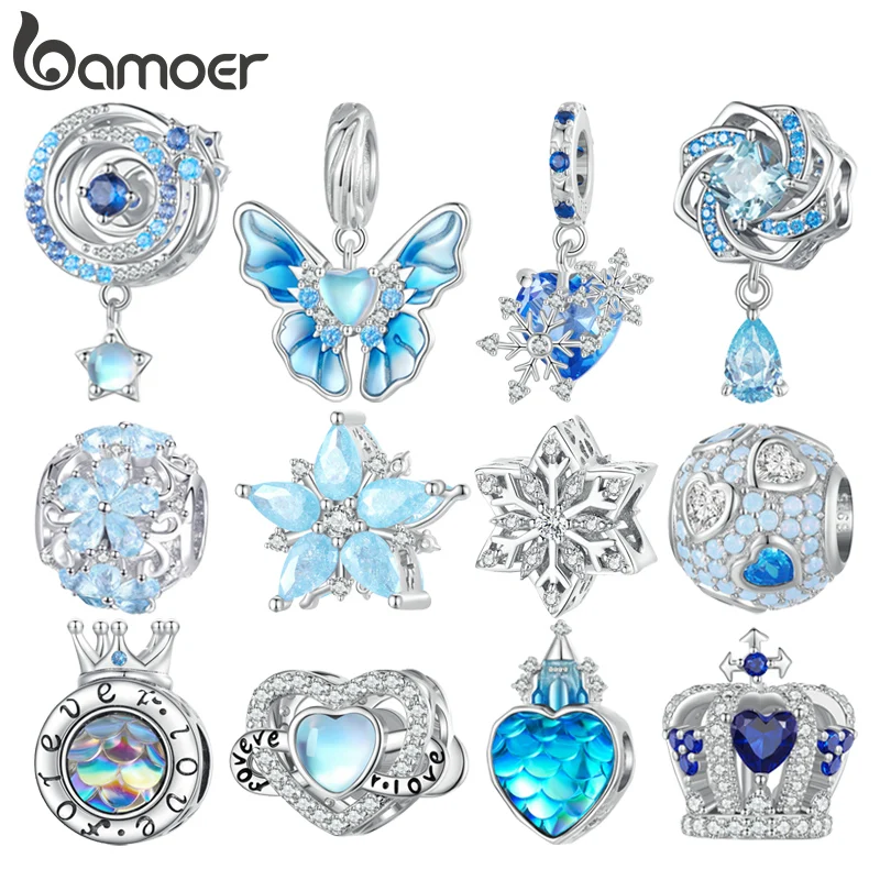 Bamoer 925 Sterling Silver Ice Kingdom Series Snowflake Hanging Bead Blue Zircon Crown Charm for Women Bracelet and Necklace DIY