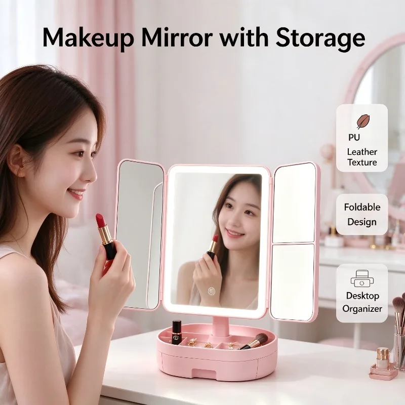 PU Faux Leather Trifold LED Makeup Mirror with Storage Base Touch 3 Color Light USB Rechargeable Desktop Vanity Mirror for Women