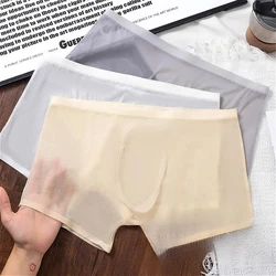 Sexy Ice Silk Men's Mesh Transparent Convex Pouch Underwear Summer Slim Male Seamless Boxers Bottoms Lightweight Underclothes
