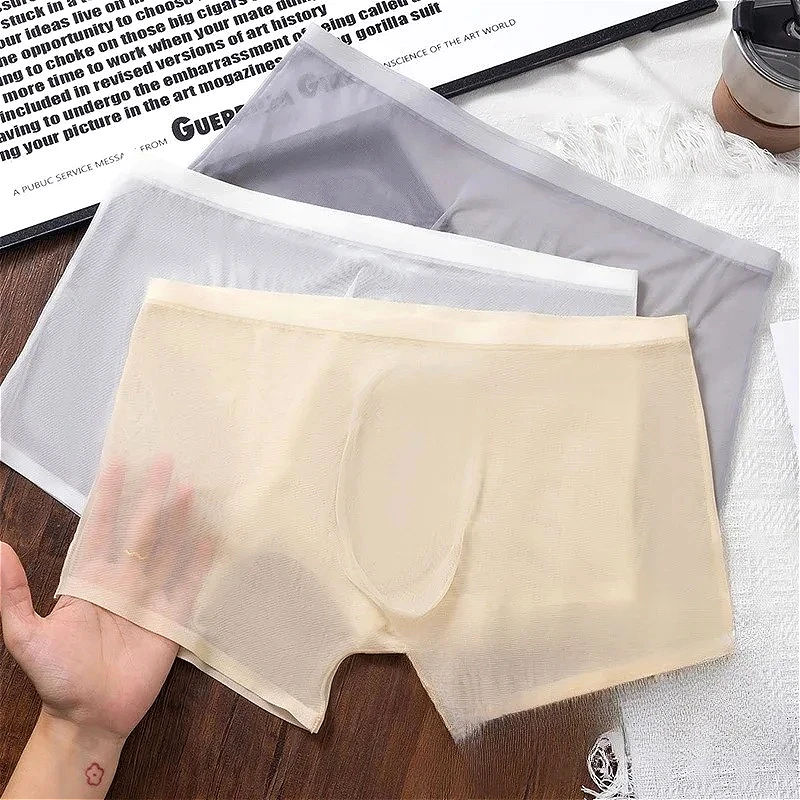 Sexy Ice Silk Men's Mesh Transparent Convex Pouch Underwear Summer Slim Male Seamless Boxers Bottoms Lightweight Underclothes