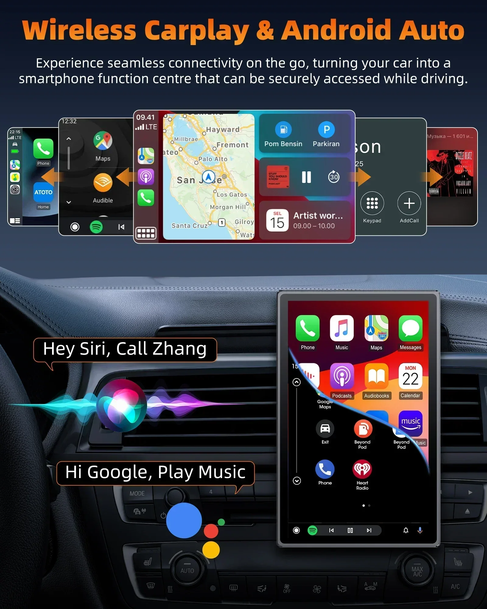 شاشة لوحة قيادة السيارة المحمولة مقاس 7 بوصات، شاشة لمس Carplay اللاسلكية، ستيريو للسيارة، نظام ملاحة GPS، منظر طبيعي بلوتوث وشاشة عمودية