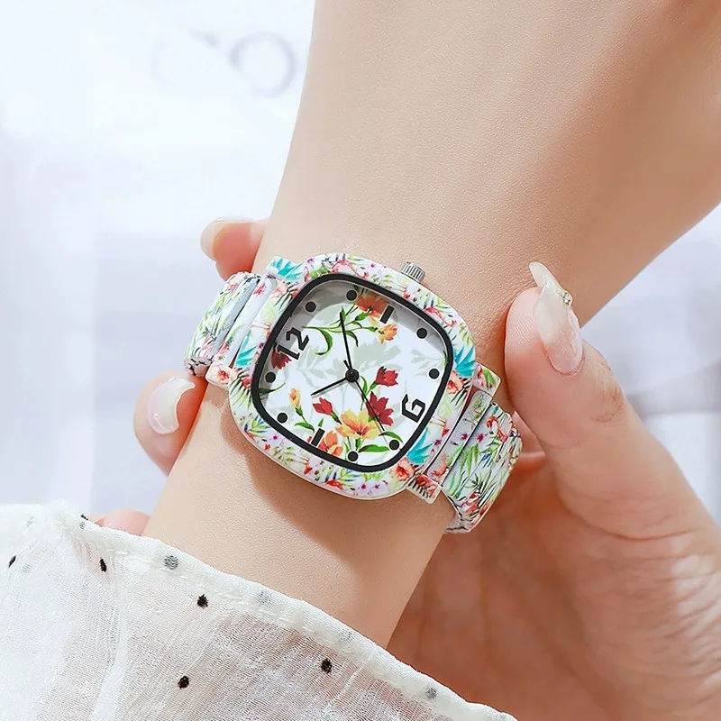 Women Square Printed Dial Quartz Wristwatch Multi Pattern Floral Evil Eye Elastic Metal Band Colorful Casual Fashion Ladies Watc