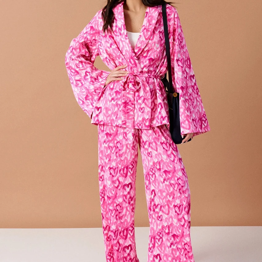 HiLoc Print Fashion Woven Inelastic Women Pajamas 2 Sets Long-Sleeved V-Neck Wrap-Around Lace-Up Nightgown Elastic Waist  Pants