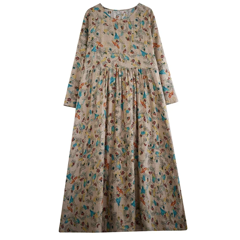 Sukienki damskie 2026 Jesień Zima Maxi Długi Rękaw Vestidos Largos Feminino Robe Boho Casual Kwiatowe Luźne Bawełna Len — zdjęcie 2