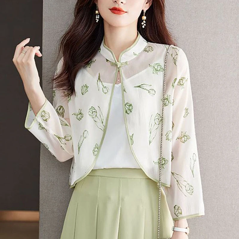 2024 Summer Women Vintage Chinese Style Cardigan Shirt Fashion Print Chiffon Sunscreen Shawl Elegant Chic Long Sleeve Loose Tops