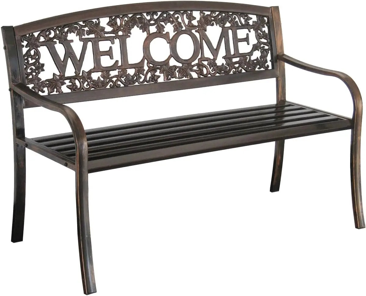 Outdoor Metal Bench with Welcome Design Decorative Patio Porch Bench Garden Park Seating Bench with Sturdy Metal Frame for Deck Backyard Lawn