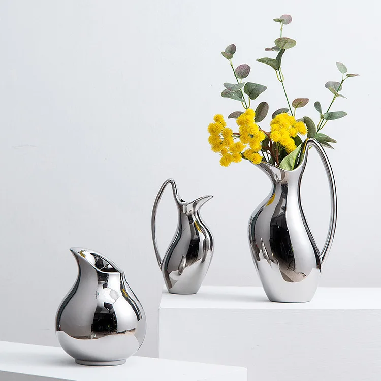 Creative Silver Pot Shaped Ceramic Vase, Living Room Decoration Ornament, Flower Arrangement, Home Decoration Handicraft