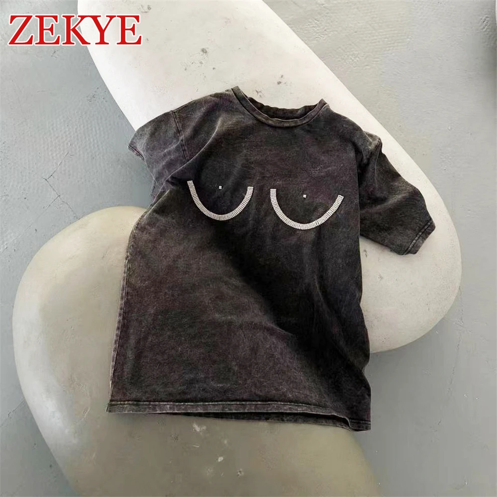 Zekye-T-shirt streetwear avec biscuits pour femme, haut décontracté rétro gris, pull basique, esthétique Y2K, DistMurcia