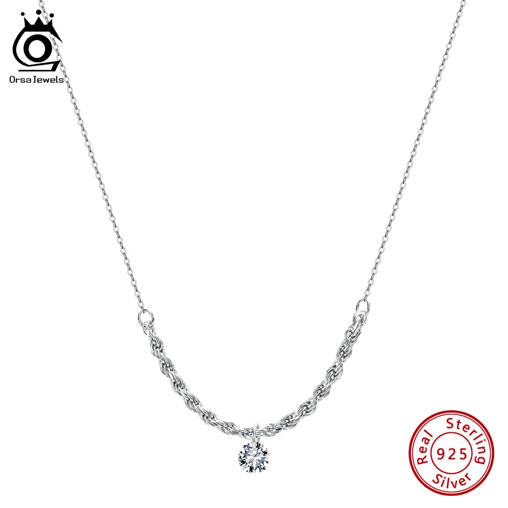 

ORSA JEWELS Elegance 925 Stelring Silver Round CZ Pendant Necklace Romantic Wedding Women's Neck Rope Chain Fine Jewelry BQN26