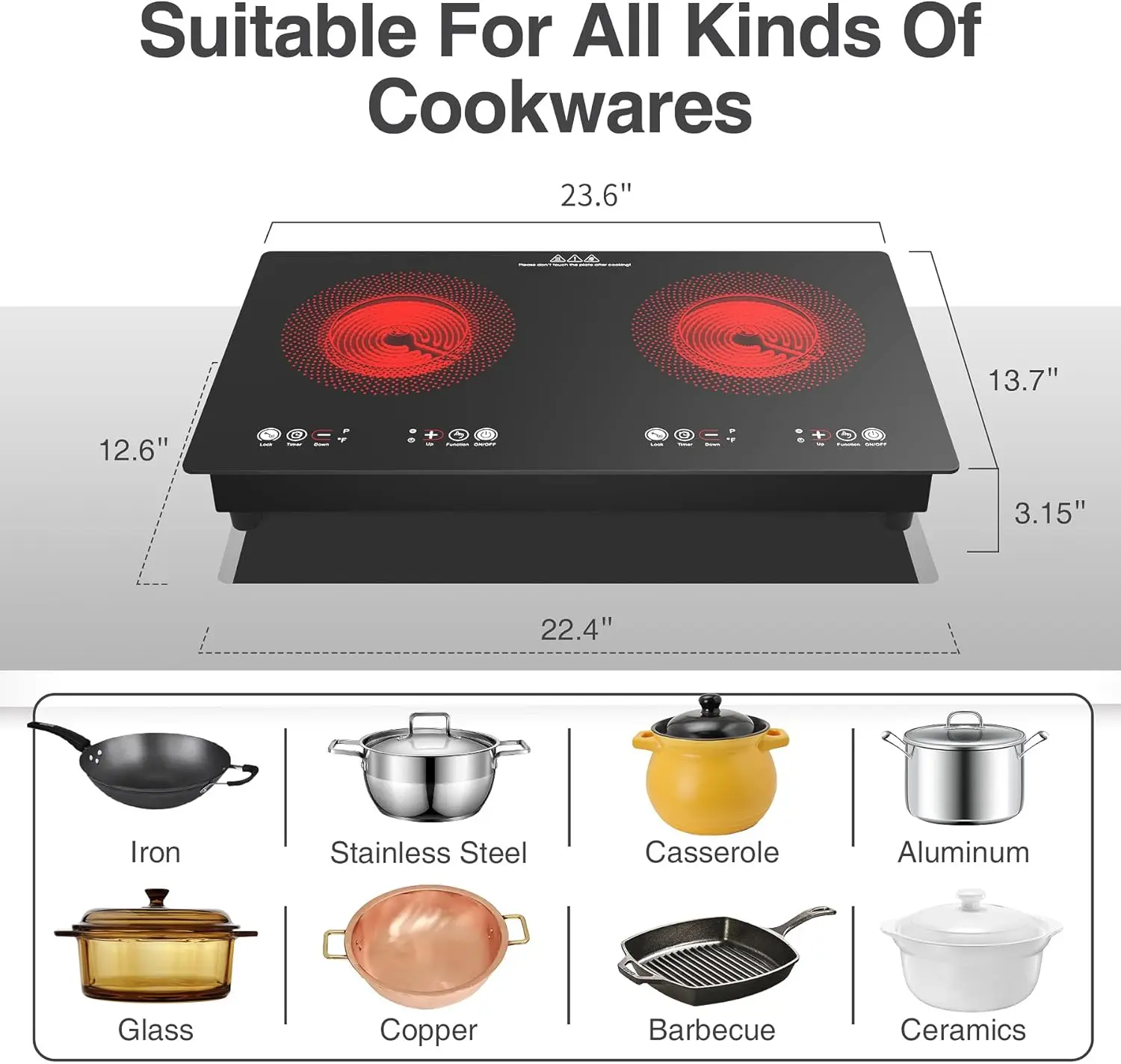 24 inch 2 Burner Electric Cooktop,Built-in and Countertop Electric Stove Top,2200W Electric Stove,9 Power Levels, Kids Lock & Ti