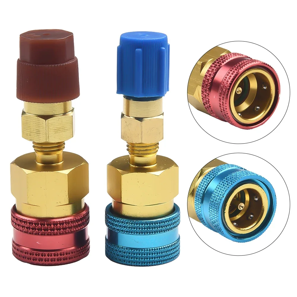 Quick Coupler Adapter Set Red Blue Brass For R1234YF Low High Side AC Manifold Gauge Car Air Conditioning Repair Tool
